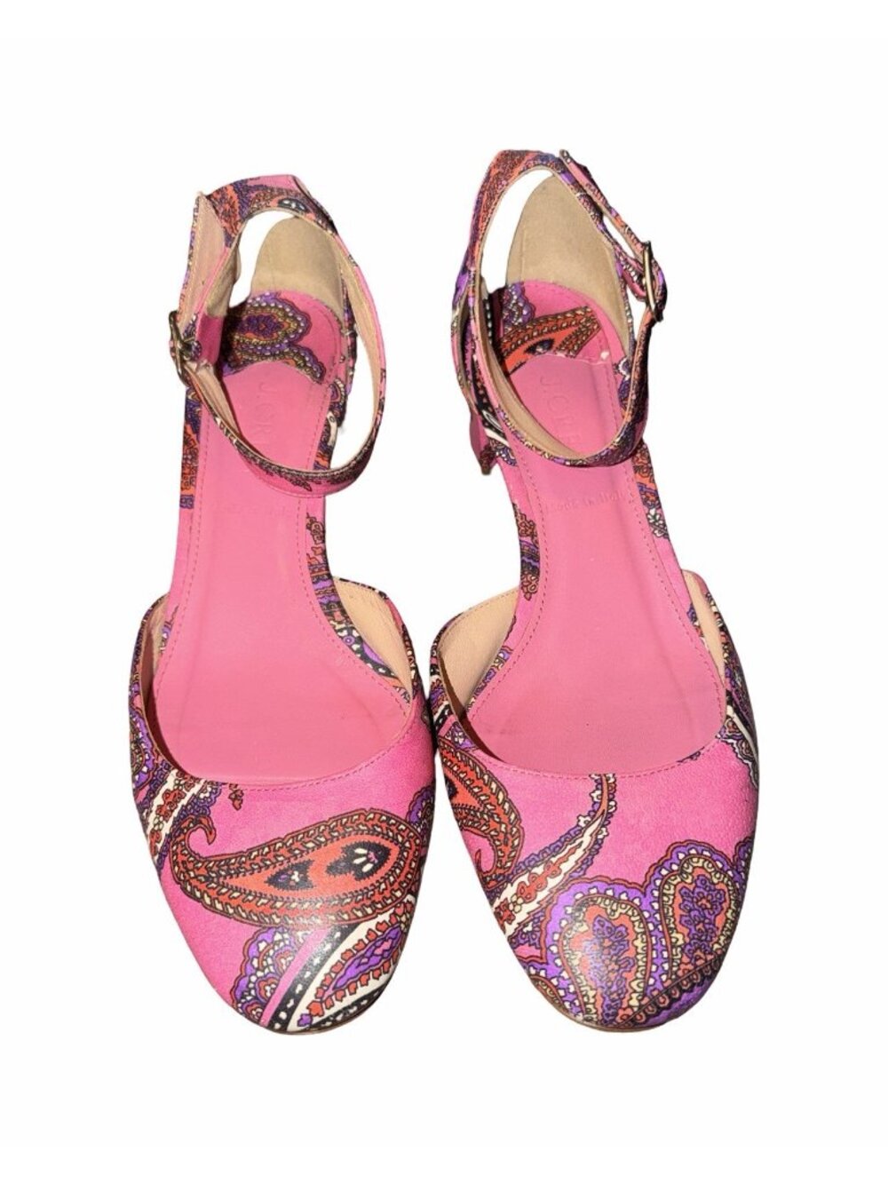 JCrew Paisley Printed Leather Heels 8 F4865 Pink Multi Ankle Strap J. Crew